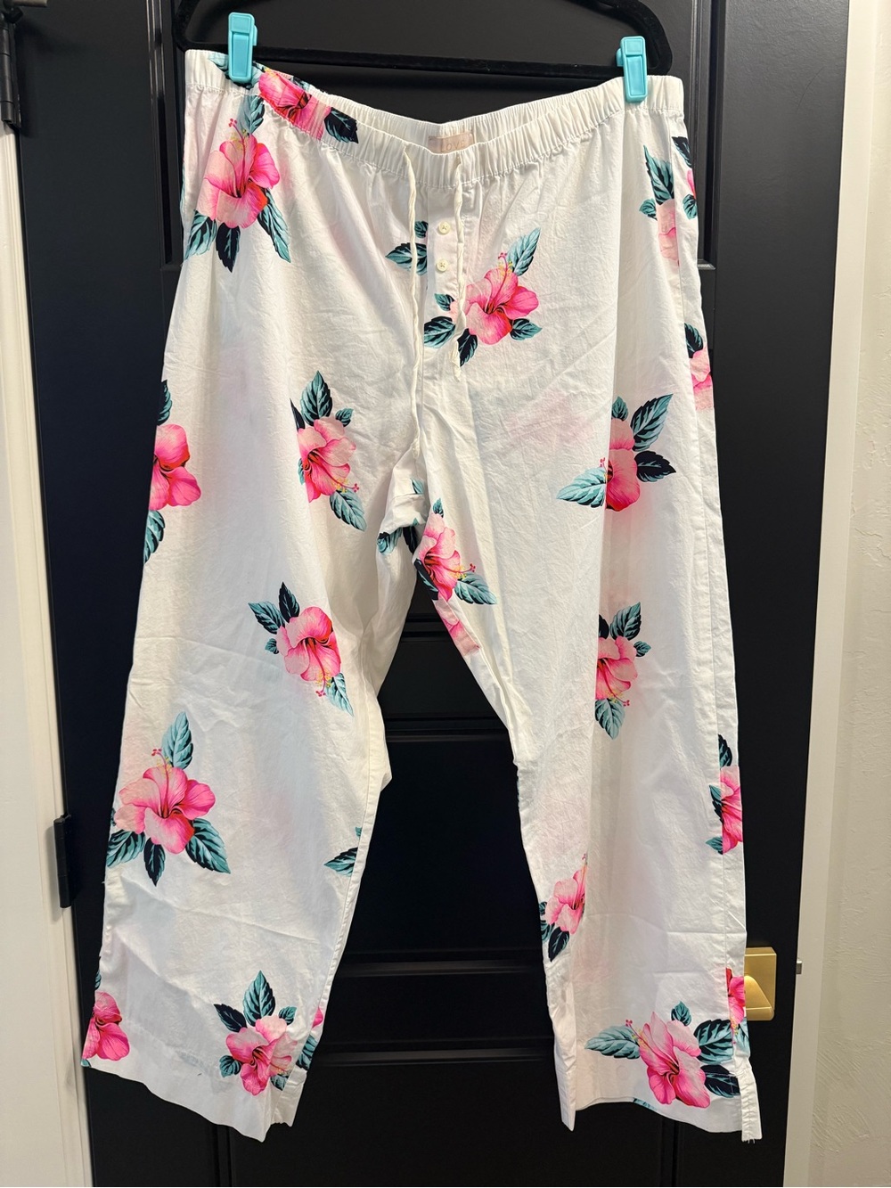 GAP White Pajama Pants with Vibrant Pink Hibiscus Floral Print XL